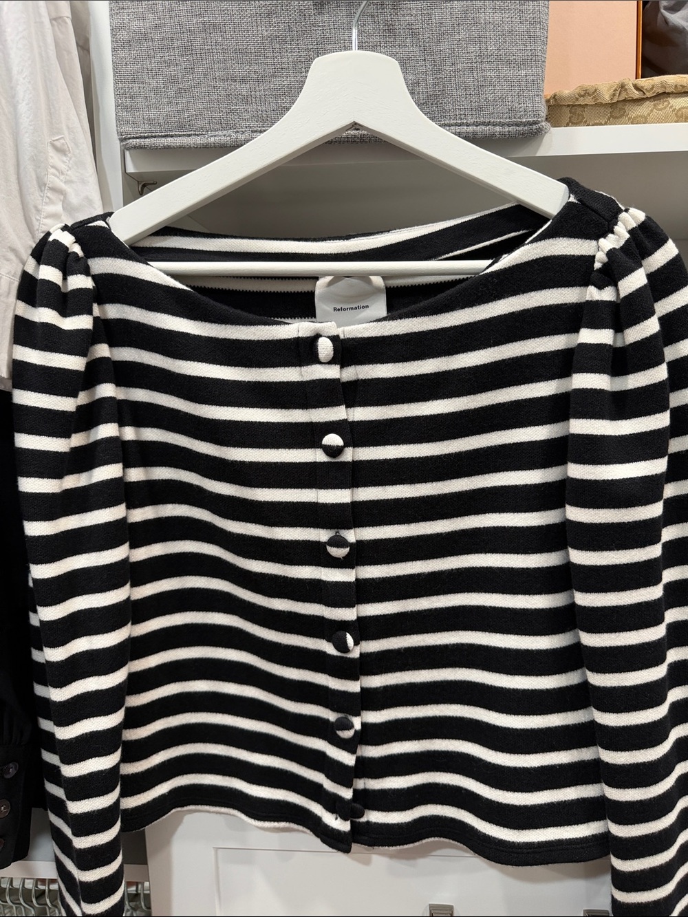 Reformation Black and White Striped Button-Front Cardigan